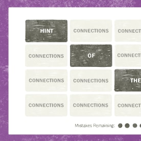Drawing of a New York Times Connections game board. The words "Hint of the day" fill each of four dark grey tiles diagonally across the board. The rest of the tiles are light grey, with the word "connections" in each of them.